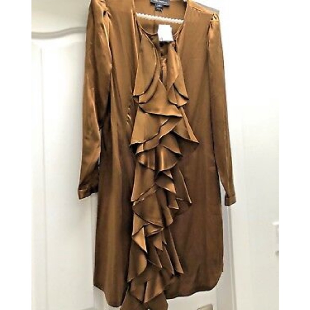 Pink Tartan Golden-Brown Ruffle Front Long Sleeve Dress